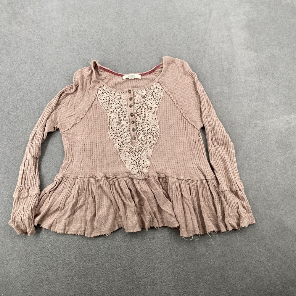 Antoinette Mauve Waffle Knit Crochet Lace Peplum Henley Top T1770 Small